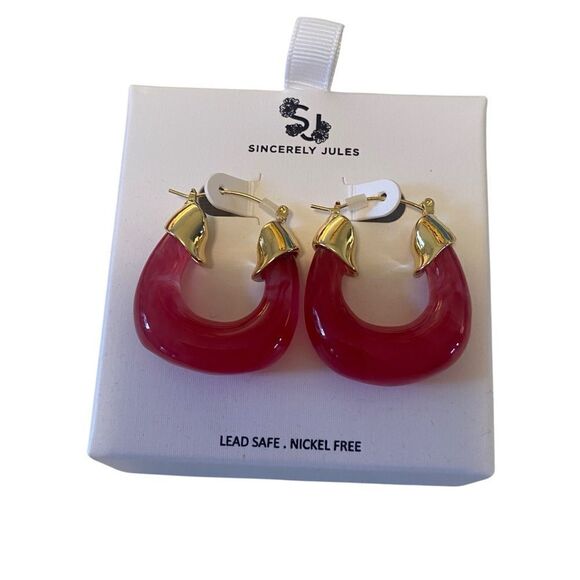 Sincerely Jules Hot Pink Semi-Translucent Hoop Earrings w/Gold Hardware. - Picture 4 of 7